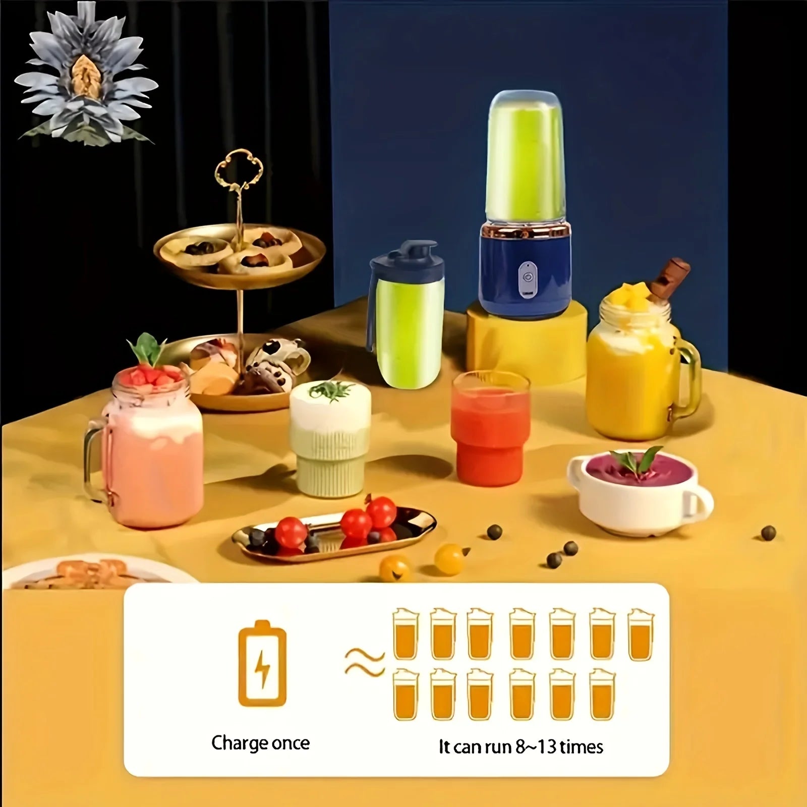 A navy and gold portable electric blender surrounded by various drinks and desserts on a yellow tabletop.
