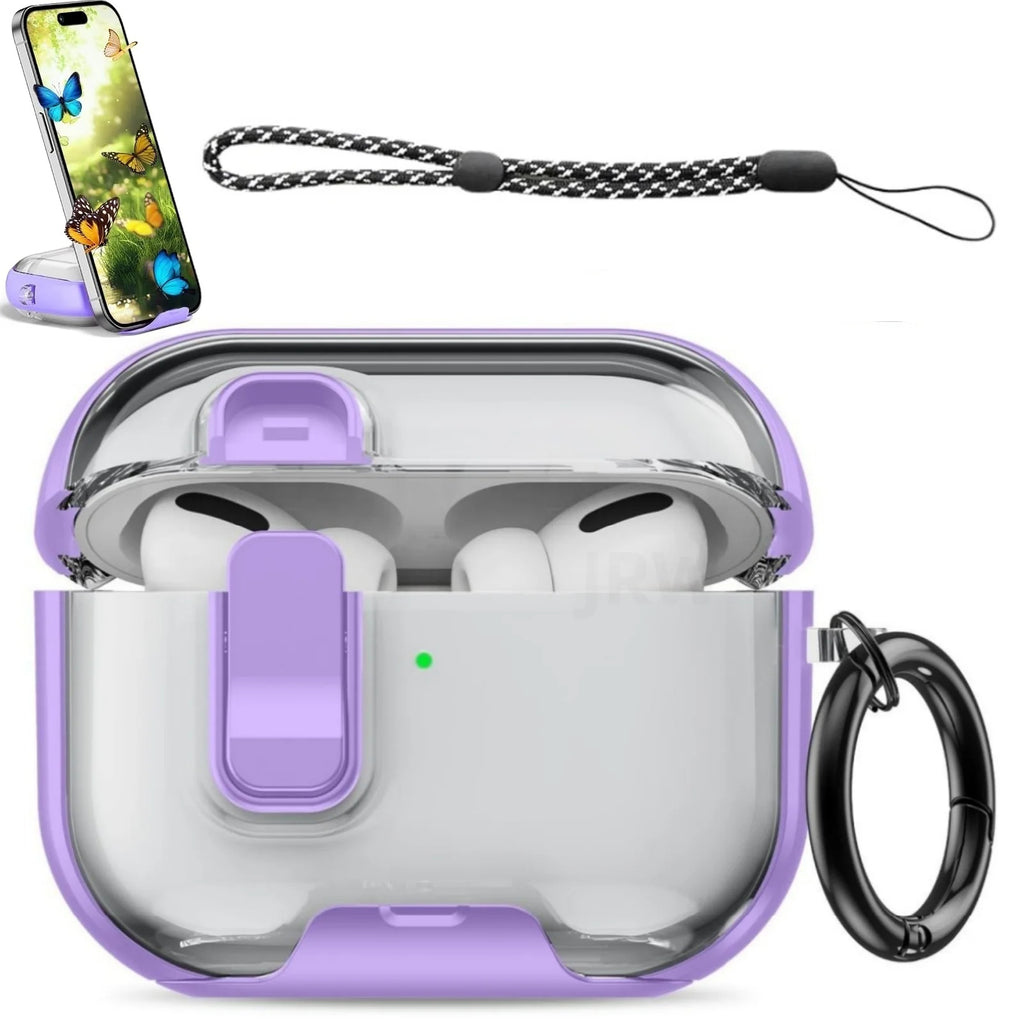 Clear and purple shockproof case for AirPods Pro with a secure latch, lanyard, and carabiner.