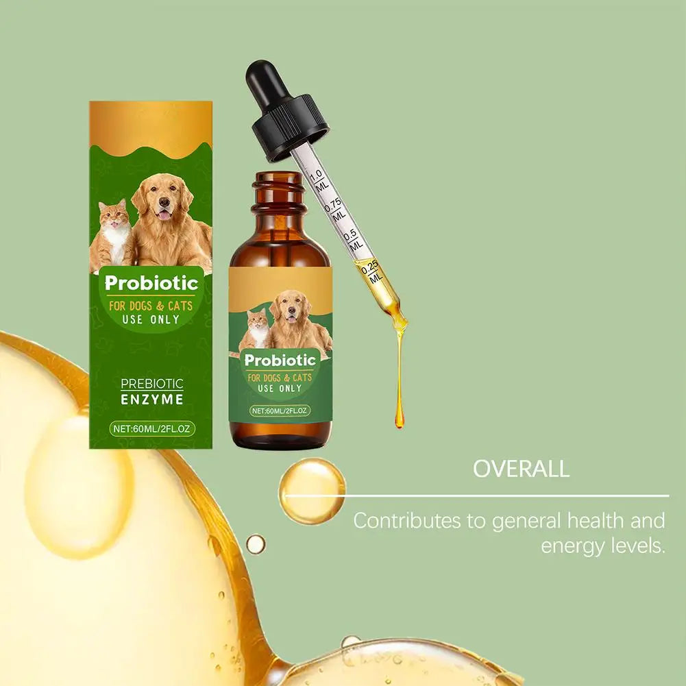 60ml bottle of probiotic liquid for dogs and cats, featuring a dropper and green packaging with pet imagery.
