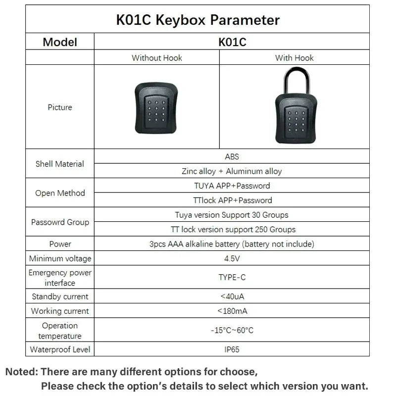 Black K01C smart keybox made of zinc and aluminum alloy, featuring digital keypad, app access, and waterproof shell.