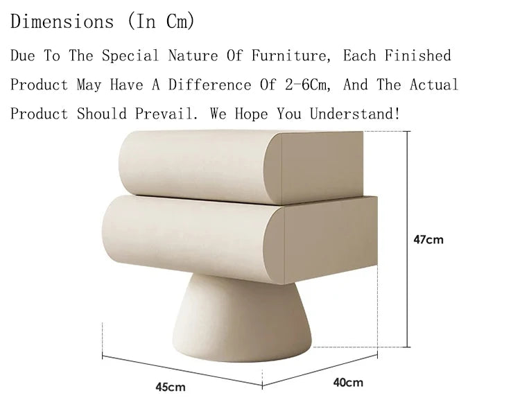 Modern cream-coloured bedside table with two drawers and a pedestal base, featuring rounded, minimalist design.