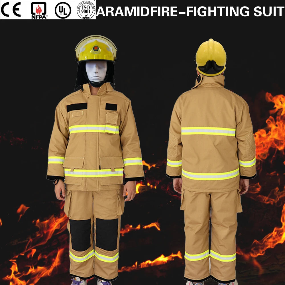 Tan aramid firefighter suit with reflective stripes, black knee pads, and a matching yellow safety helmet.