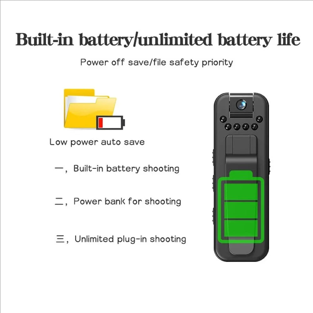 Black plastic portable mini camera with a built-in battery, camera lens, and indicator for power and file saving.