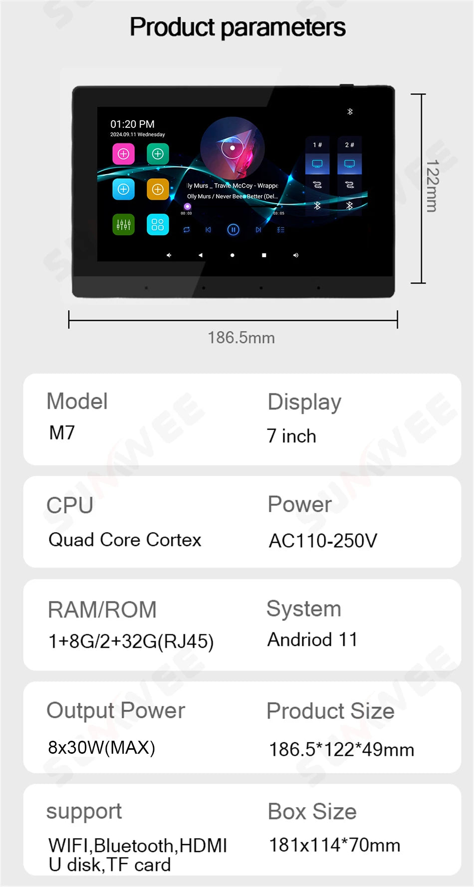 Black 7-inch Android in-wall smart audio amplifier with a touchscreen interface, shown with technical specifications.
