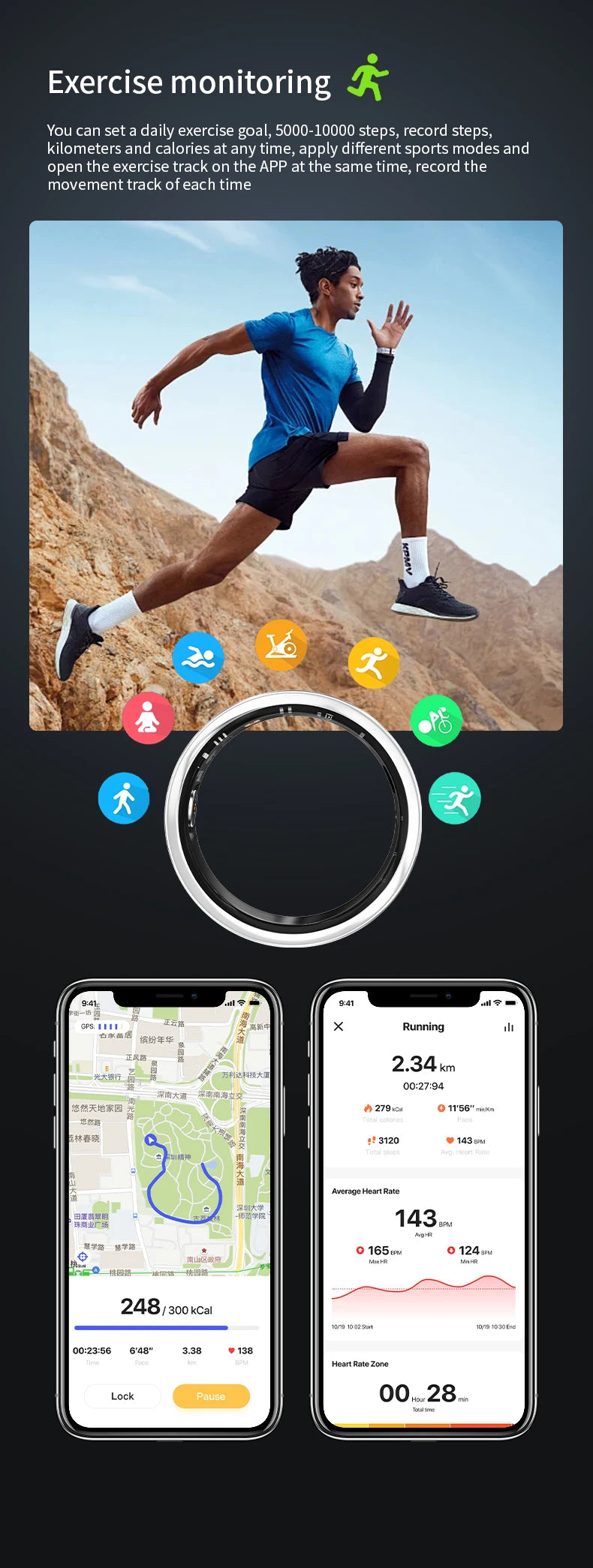 Sleek black waterproof smart health ring, shown with exercise icons and smartphone app tracking data.