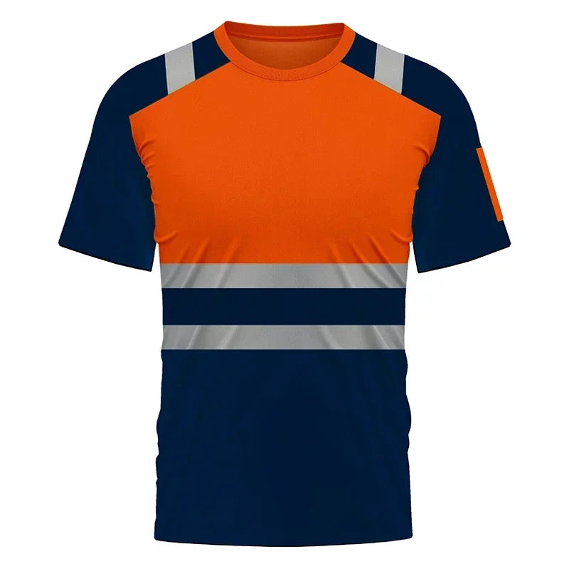 Orange and navy high-visibility work t-shirt with reflective shoulder and waist strips for safety.