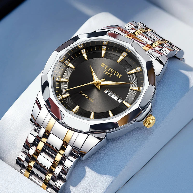 Classic men's watch with a black face, gold indices, and a two-tone silver and gold stainless steel link strap.