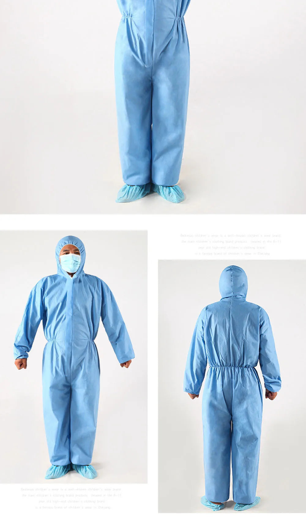 A person wearing a light blue, full-body protective isolation suit with a hood, elastic waist, and shoe covers.