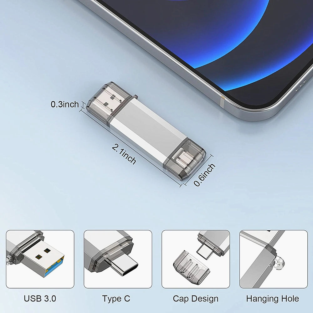 Silver 512GB dual-ended USB flash drive with protective caps, showing USB 3.0, Type-C connectors, and hanging loop.