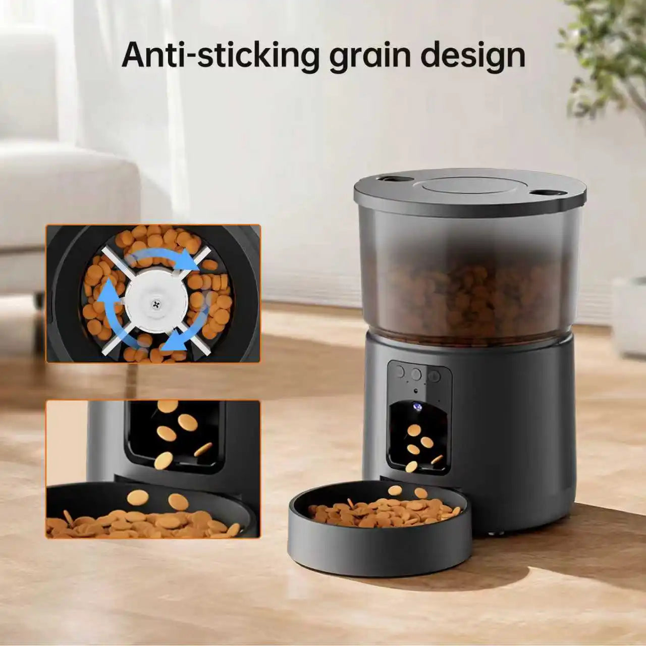 Modern charcoal-grey smart pet feeder with HD camera, transparent food hopper, and anti-clog dispensing mechanism.