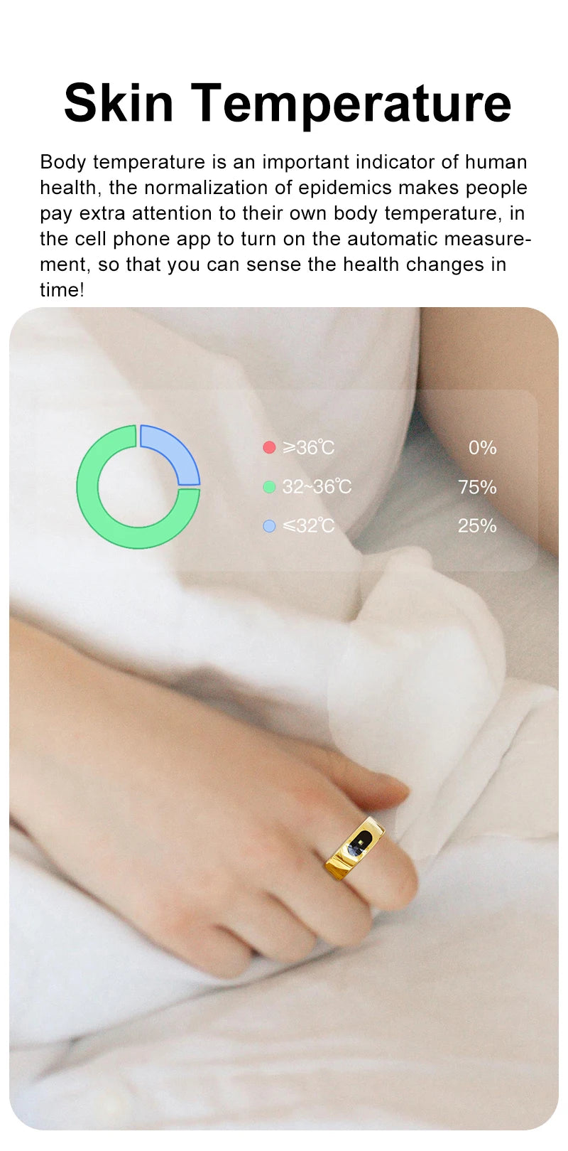 A gold smart health and fitness tracking ring worn on a finger, displaying skin temperature data on a mobile app chart.
