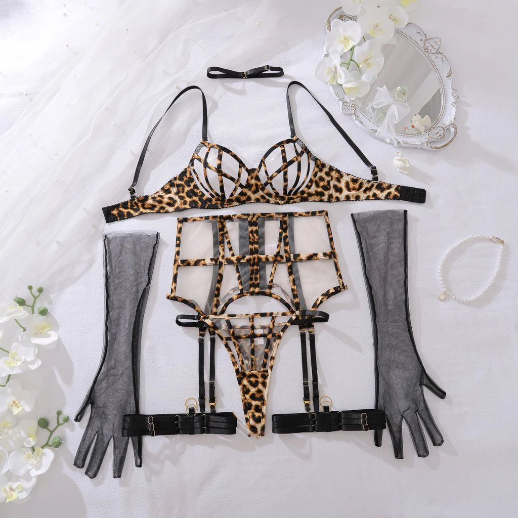 Leopard print strappy bra, garter belt, thong, choker, and sheer black long gloves set.