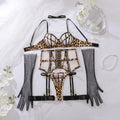 Leopard print strappy bra, garter belt, thong, choker, and sheer black long gloves set.
