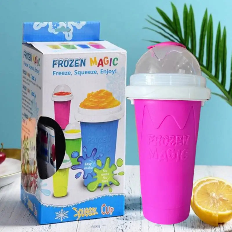 Bright pink DIY slushy maker cup with white lid and clear dome cap, shown next to its product packaging.