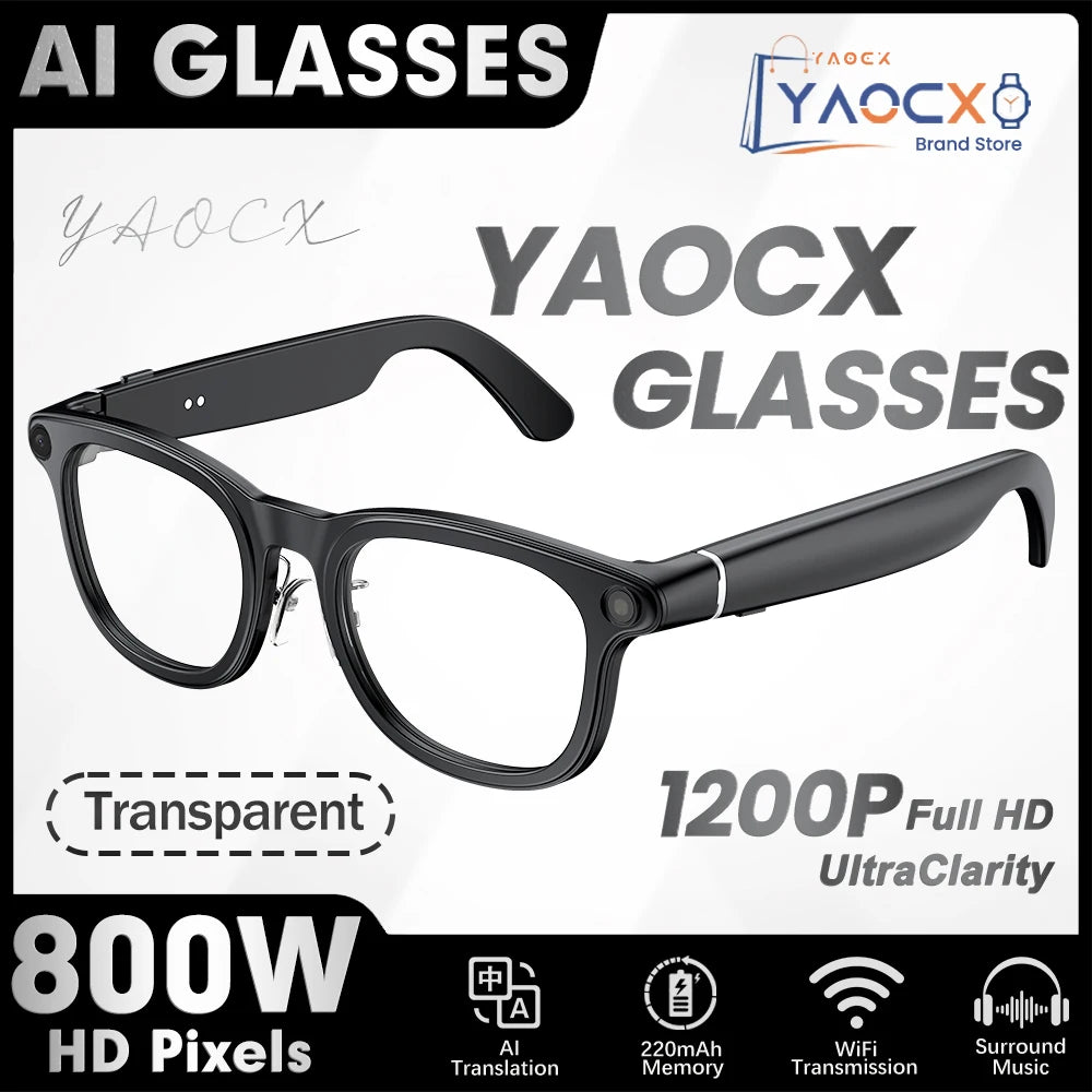 Sleek black smart glasses with integrated HD camera, featuring AI translation, Wi-Fi connectivity, and surround audio.