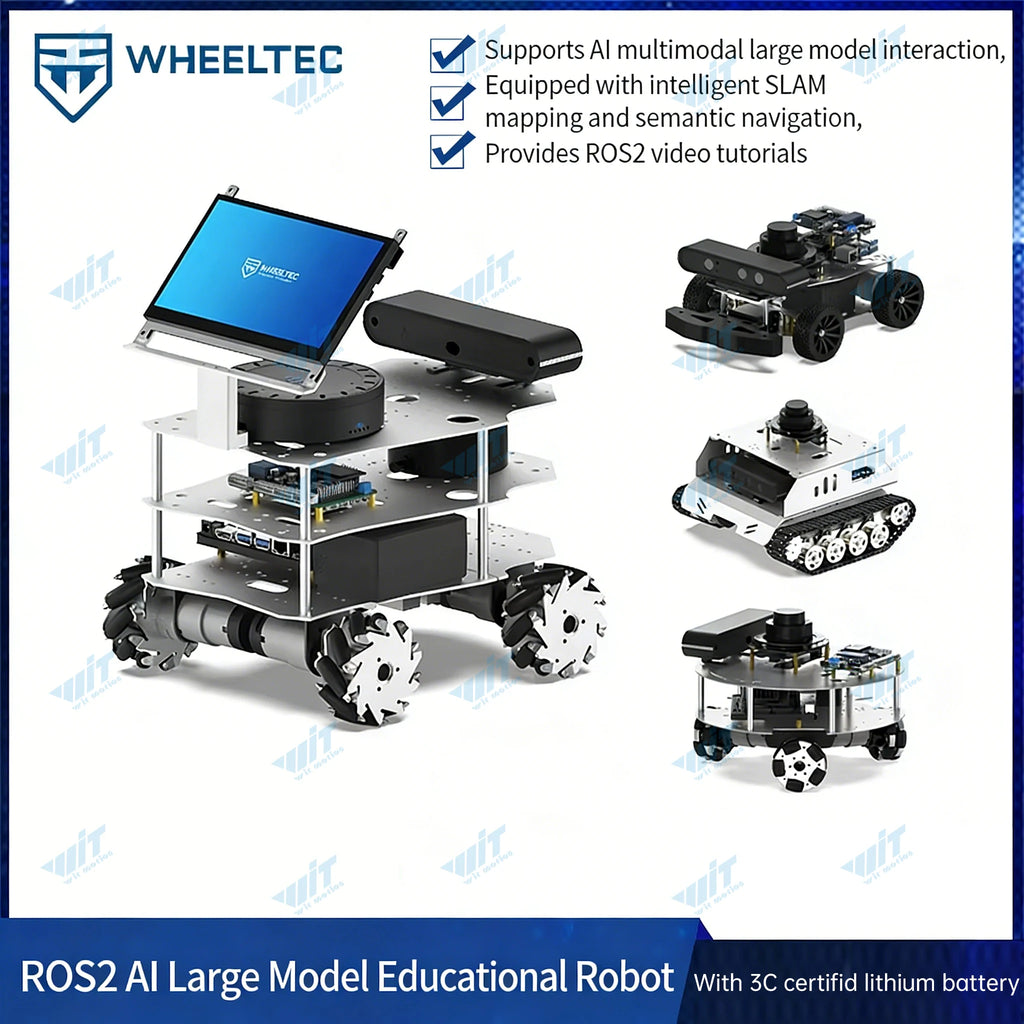 Product image of Wheeltec ROS2 AI Large Model Educational Robot with multi-tier chassis and accessories.