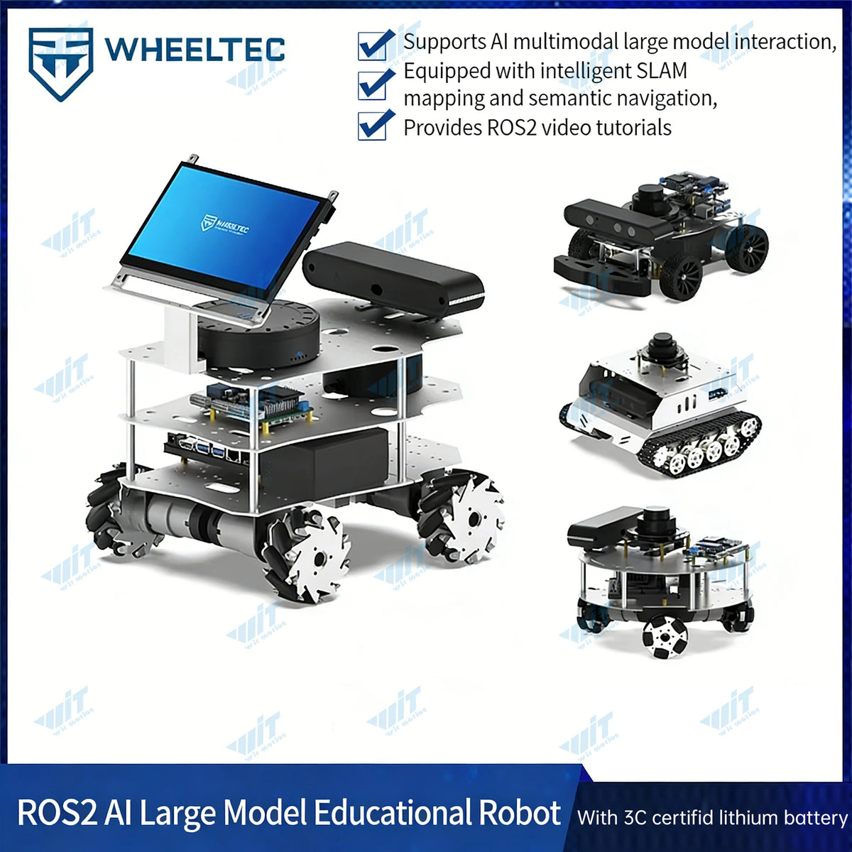 Product image of Wheeltec ROS2 AI Large Model Educational Robot with multi-tier chassis and accessories.