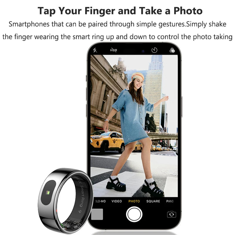 Sleek silver smart health ring beside a smartphone showing a camera interface, demonstrating remote photo control.