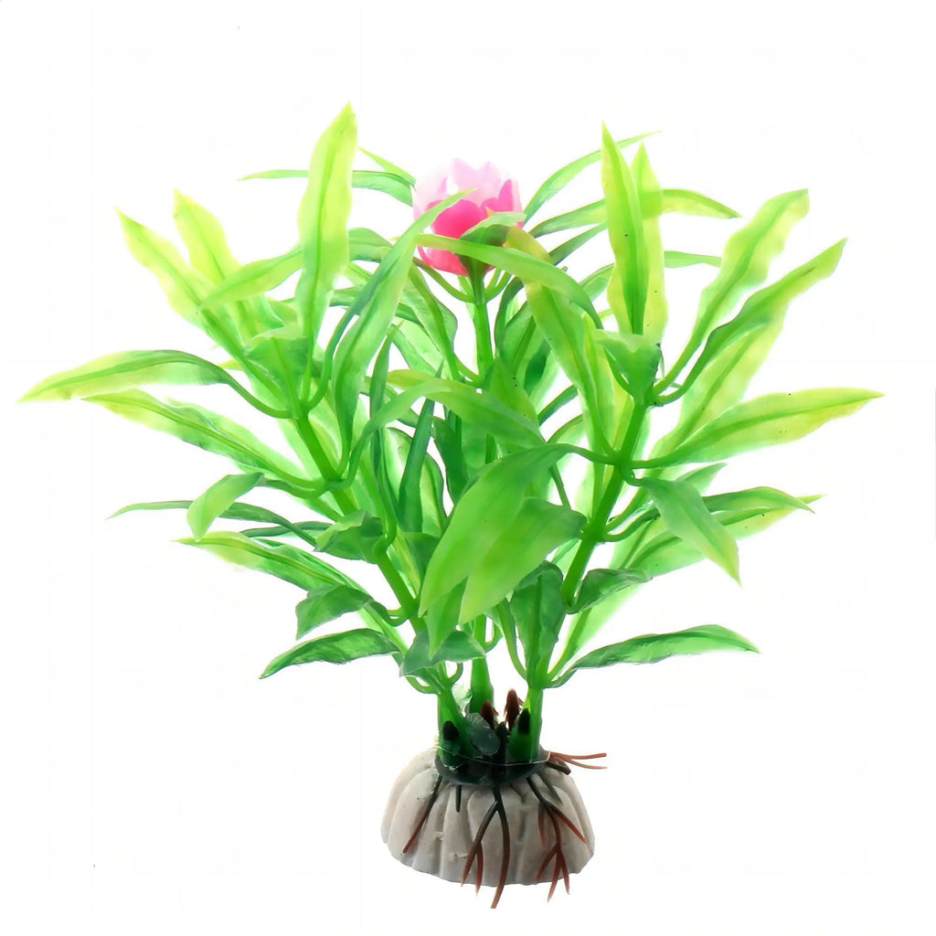 Artificial aquarium plant with bright green, leafy stems and a small pink flower, set in a white rock-like base.