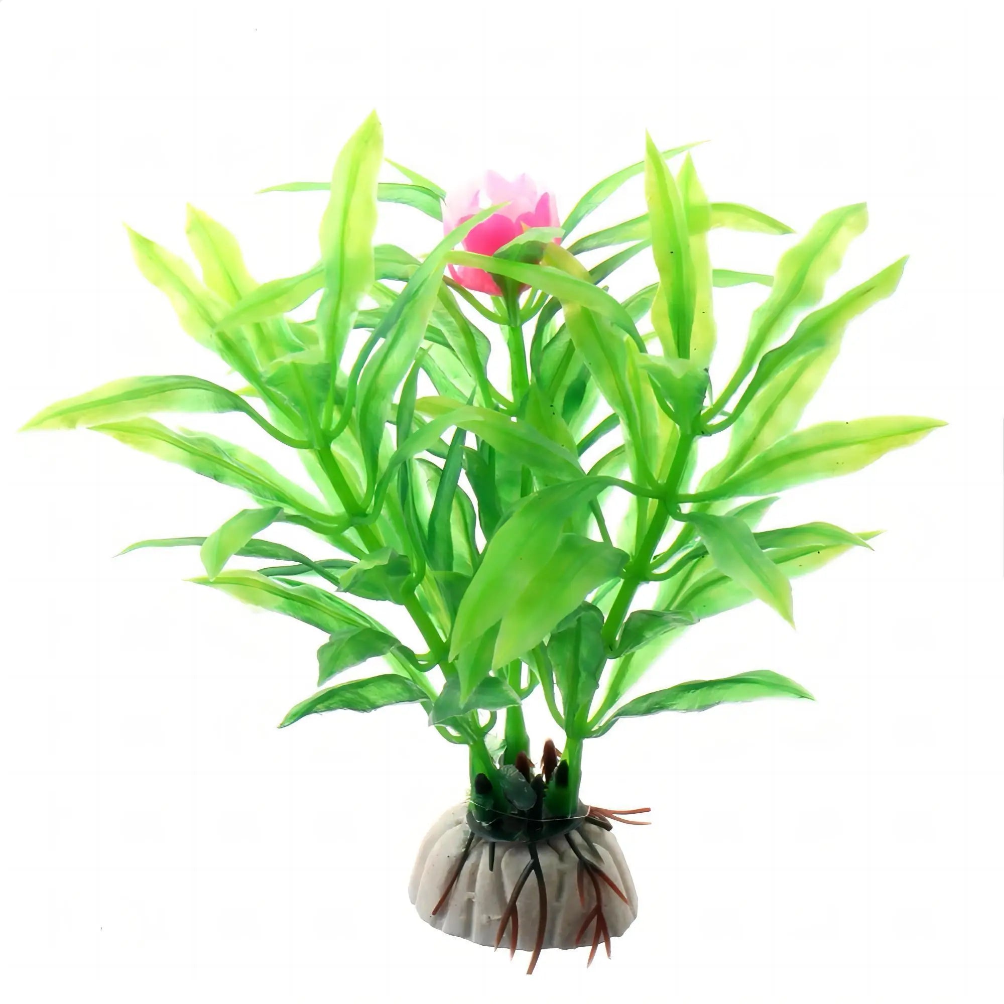Artificial aquarium plant with bright green, leafy stems and a small pink flower, set in a white rock-like base.