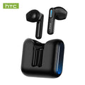 Sleek black wireless earbuds with blue light accents and a matching compact, minimalist charging case.
