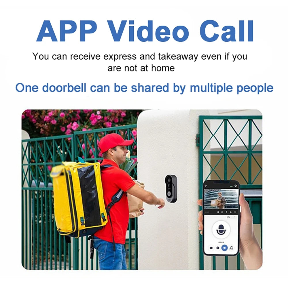 Sleek black wireless video doorbell mounted on a wall, shown via a smartphone app during a delivery.