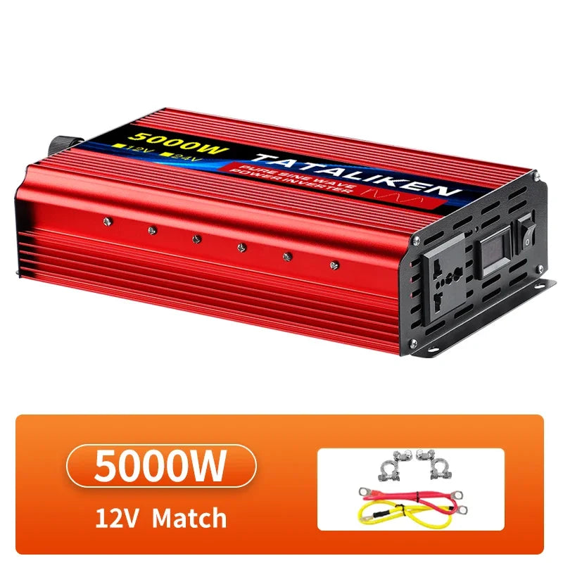 Red 5000W DC to AC pure sine wave power inverter with plug sockets, power switch, and included battery cables.