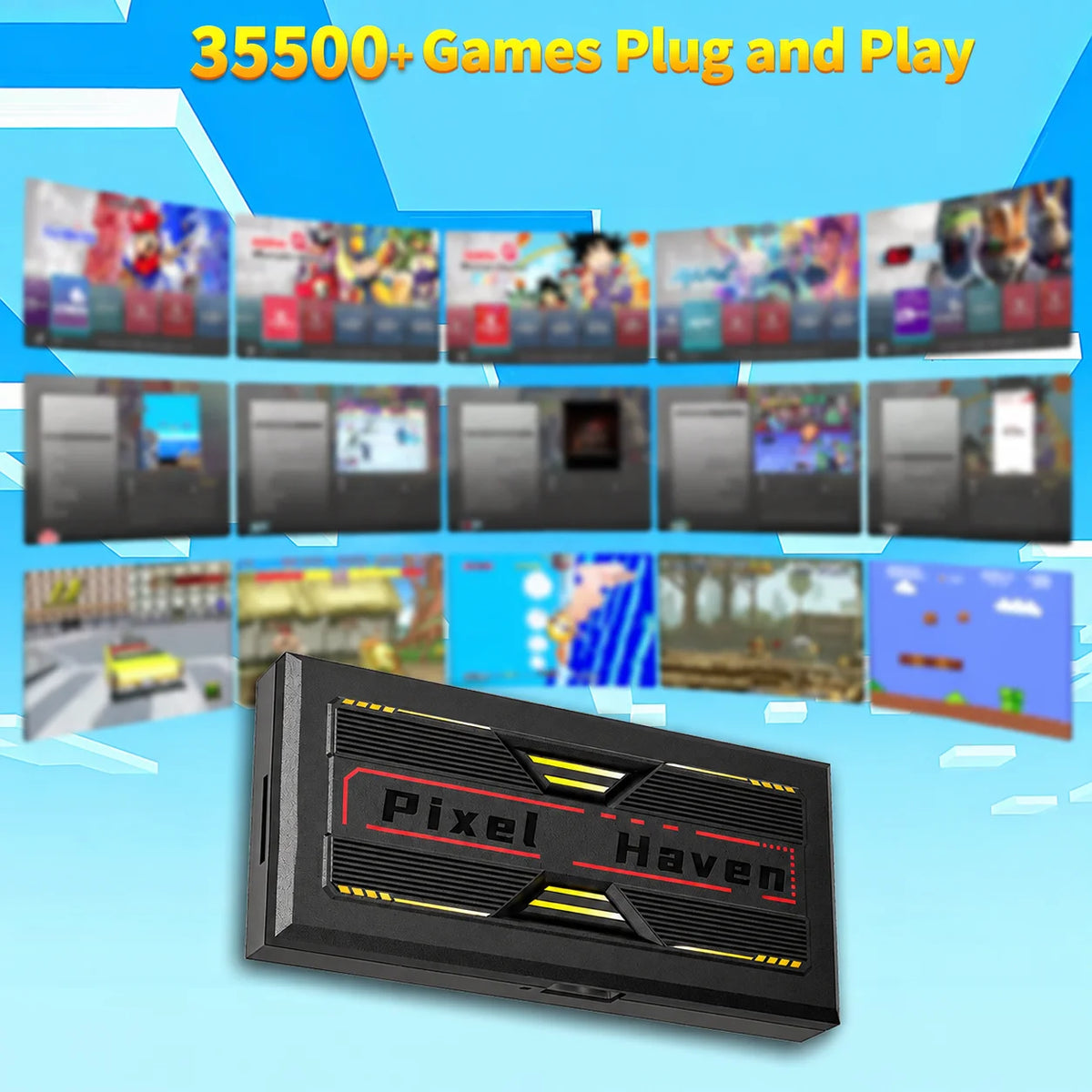 Black Pixel Haven retro game box console with red and yellow accents on a blue background showing video game screens.
