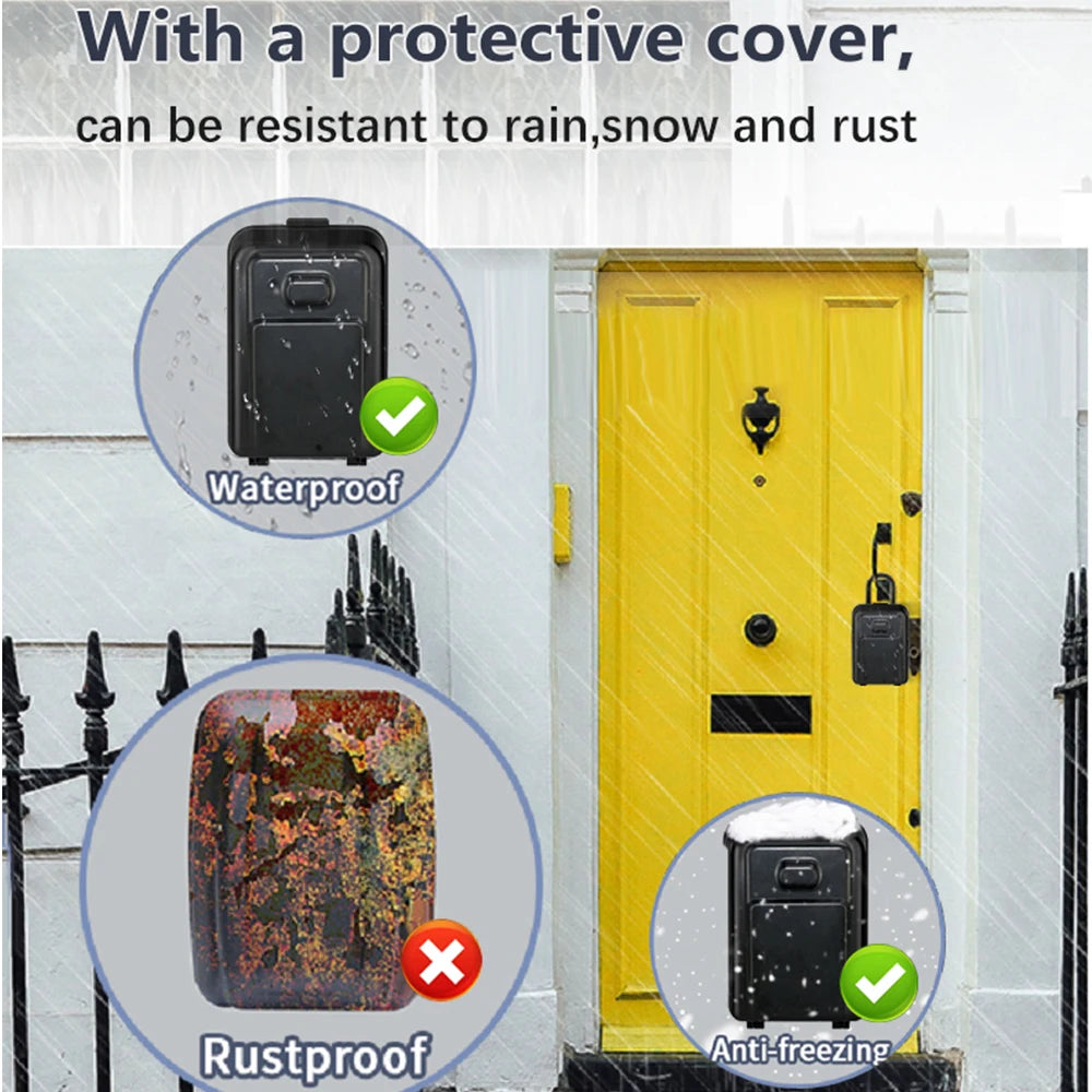 Black metal key lock box hanging on a bright yellow door, featuring protective, weather-resistant cover.