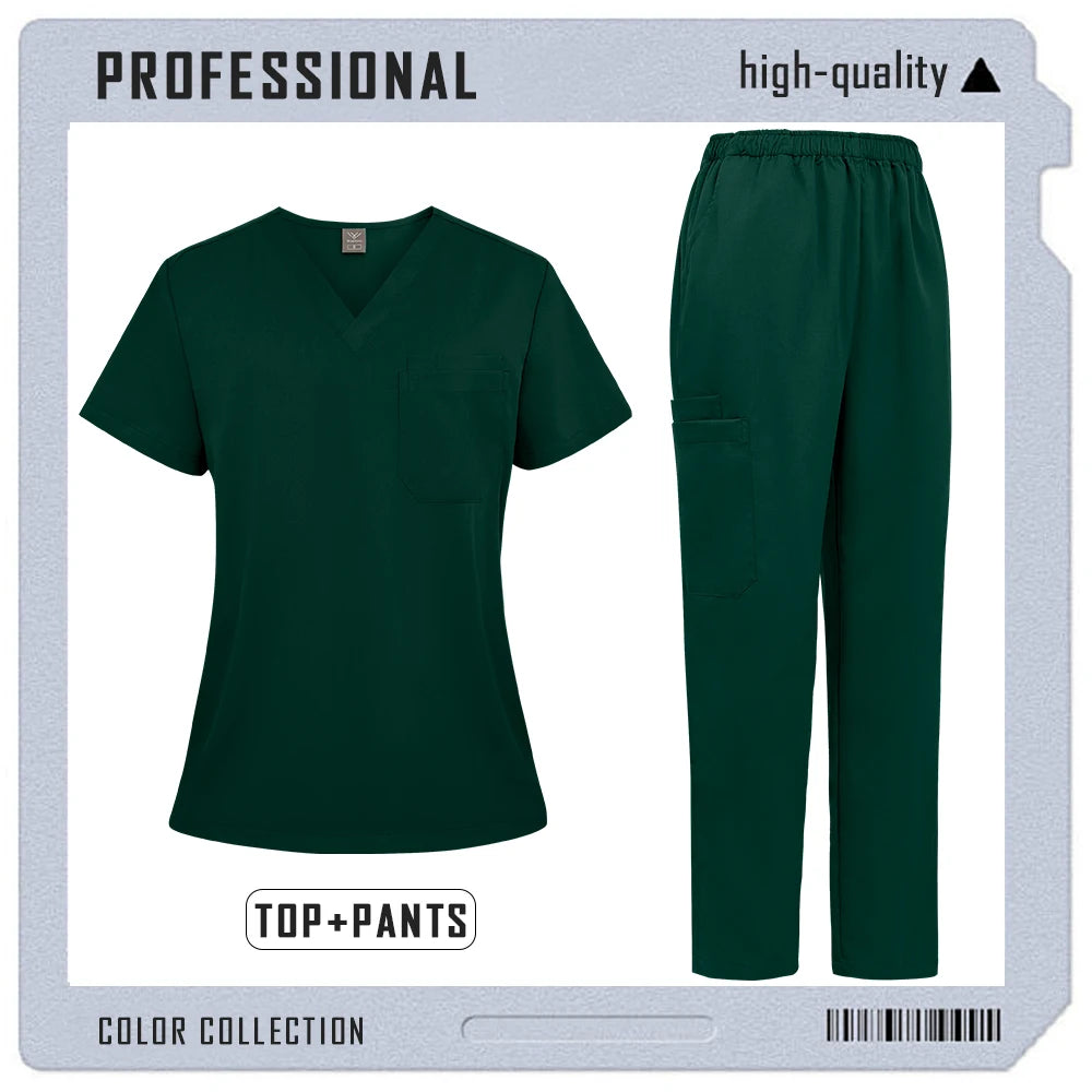 Unisex dark green medical scrub set featuring a V-neck top with a chest pocket and elasticated trousers with pockets.