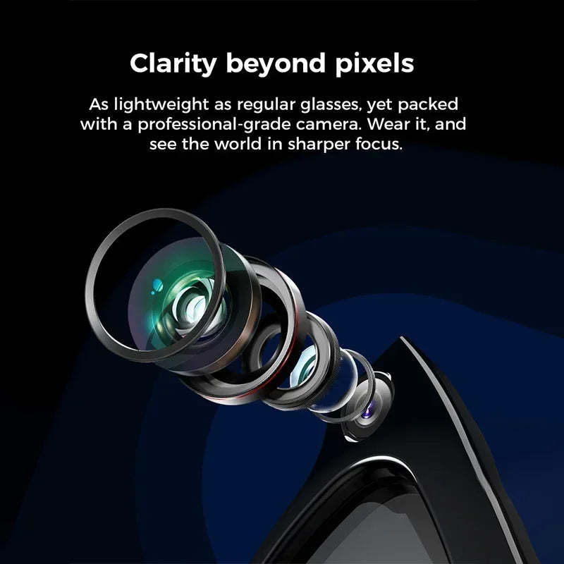 Sleek black smart recording glasses with an exploded view of the high-definition camera lens system.