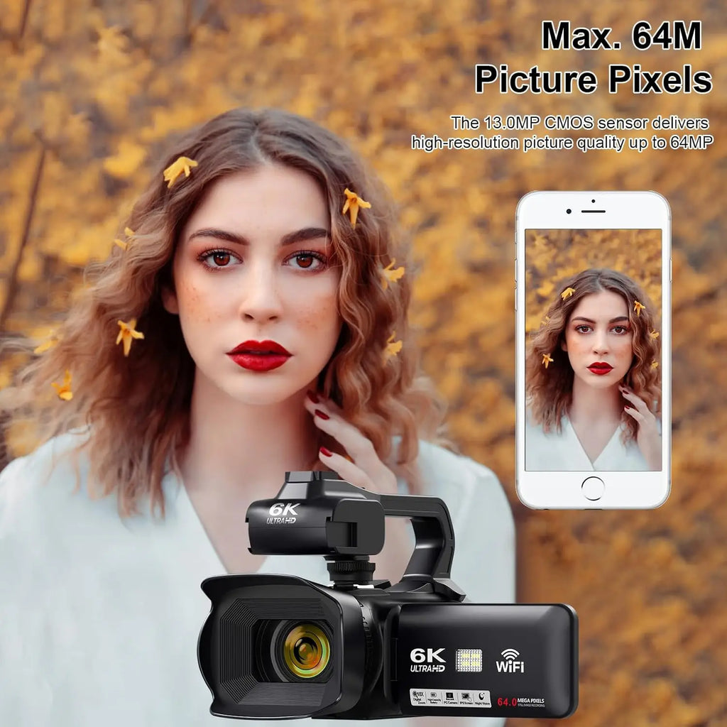 Black plastic 6K digital camcorder with flip-out screen, WiFi connectivity, and 64MP sensor capability.