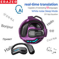 Metallic purple charging case with a futuristic design, accompanied by black ear hooks and multilingual text elements.