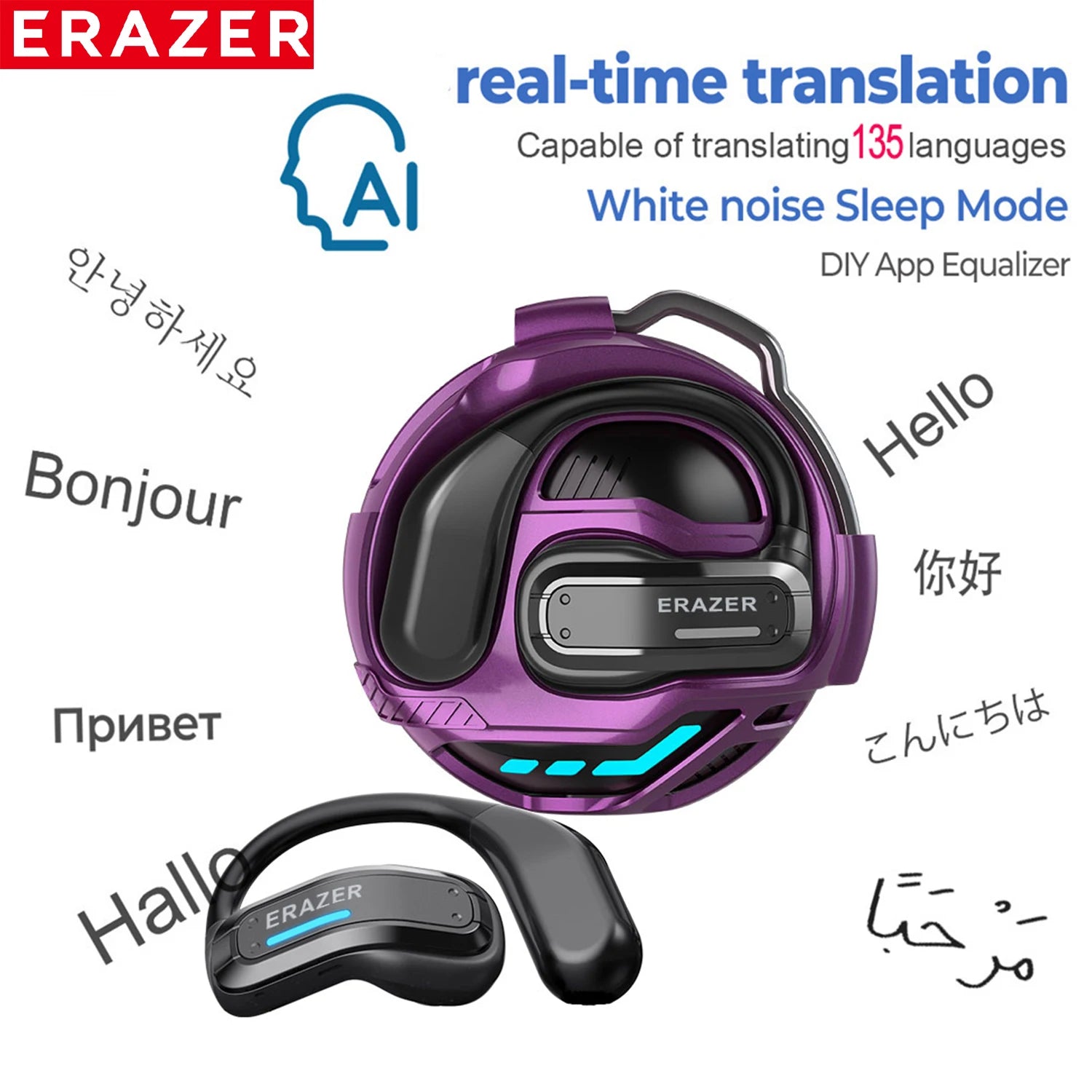 Metallic purple charging case with a futuristic design, accompanied by black ear hooks and multilingual text elements.