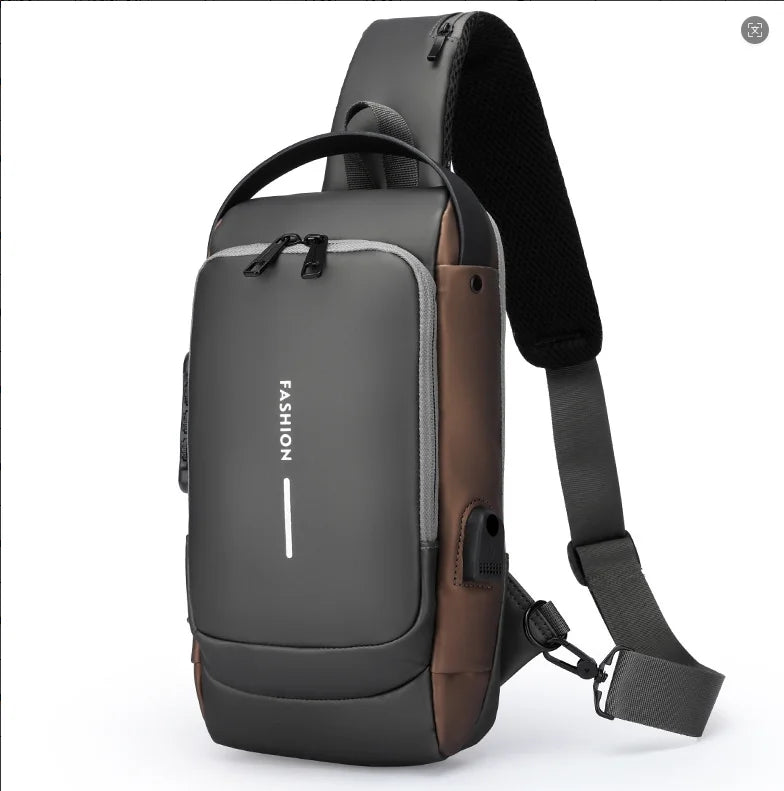 Grey and brown anti-theft chest bag with a cross-body strap, password lock, and integrated USB charging port.