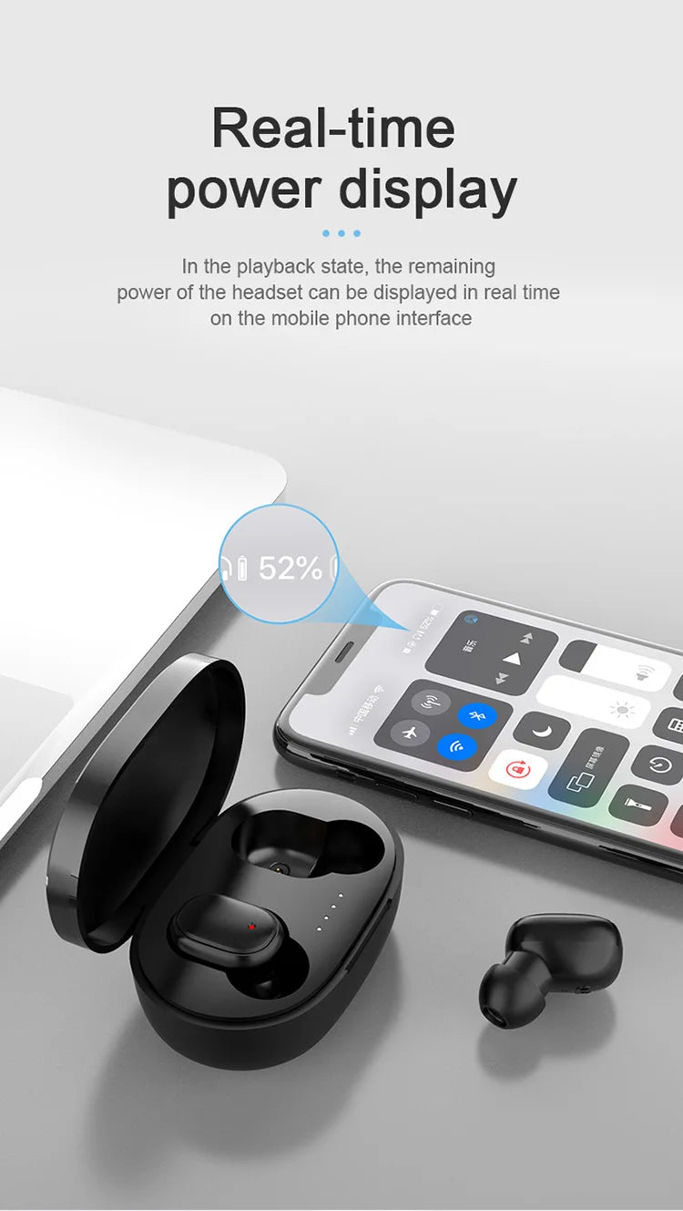 Black wireless earbuds in a charging case, displaying 52% battery life on a connected smartphone screen.