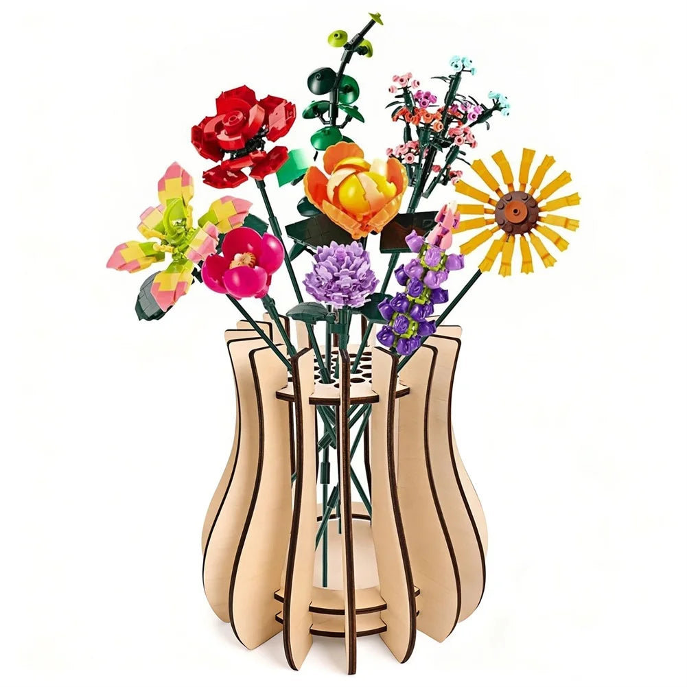 Vibrant building block flower bouquet in a stylish, light wood-style slatted vase on a white background.