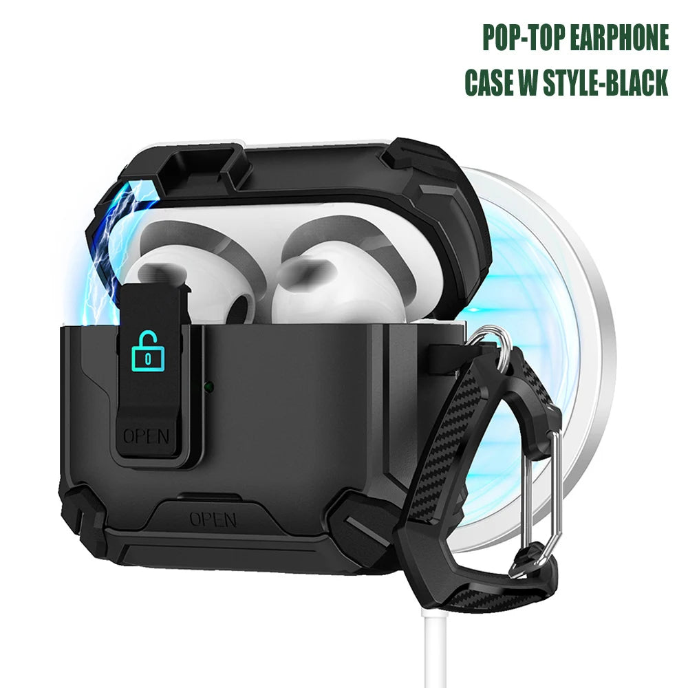 Rugged black protective pop-top case for AirPods, featuring a secure locking latch and carabiner clip.