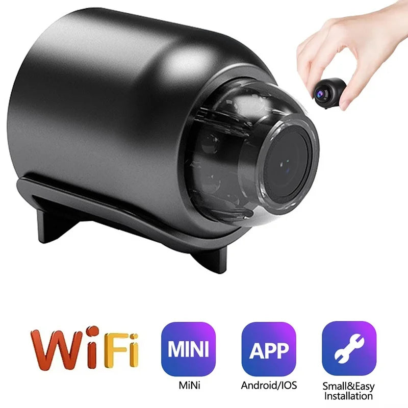 Small black plastic WiFi mini security camera with app control and mounting bracket.