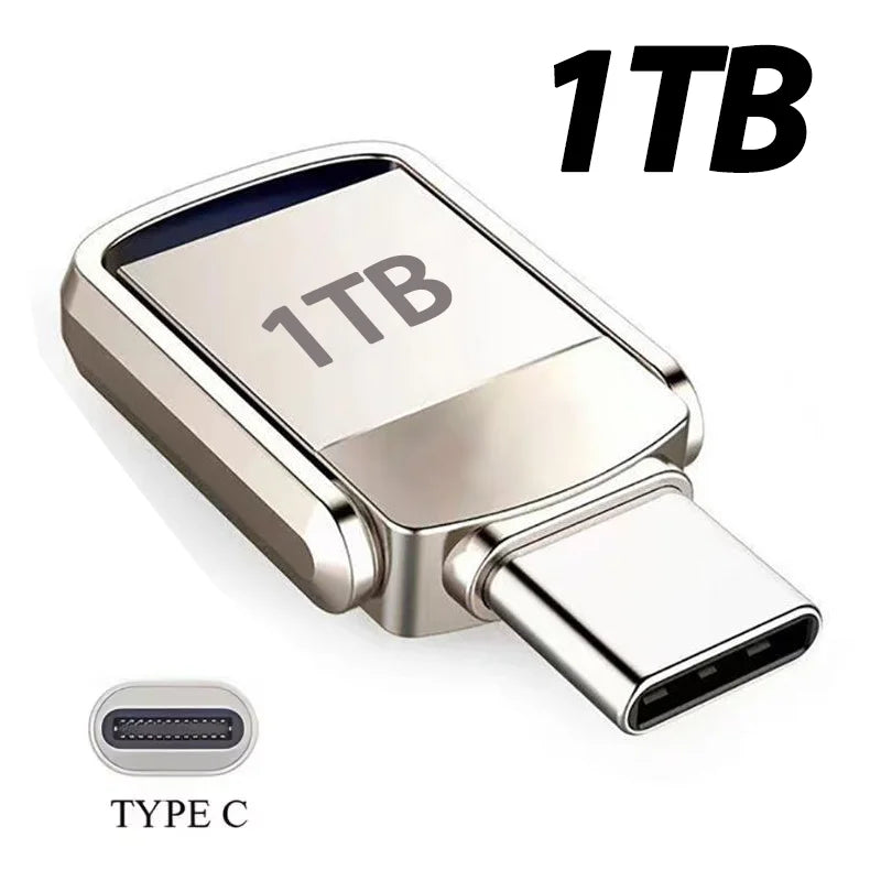 Sleek, metallic silver USB-C flash drive with a compact design and clearly labelled storage capacity.