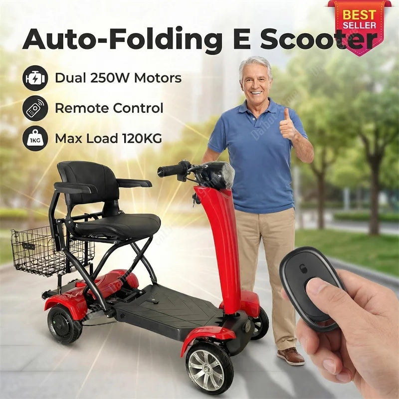 Red 4-wheel electric mobility scooter with a black seat, rear basket, handlebars, and a remote control.
