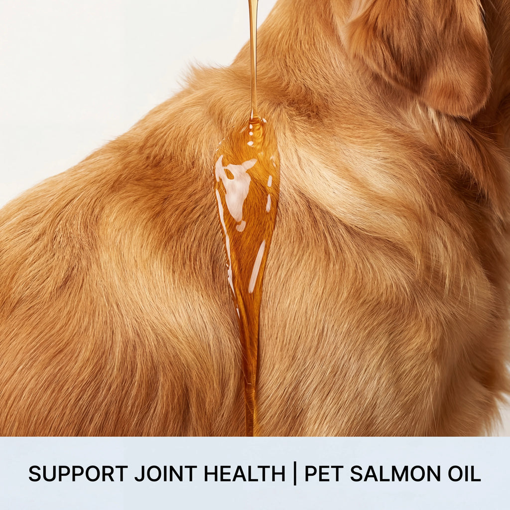 Golden liquid salmon oil pouring onto the coat of a golden-haired dog to support joint health.