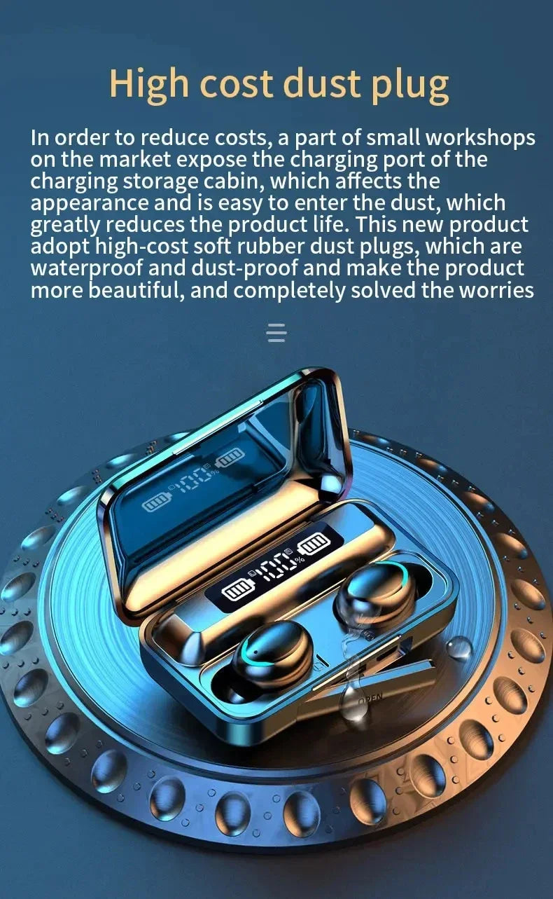 Metallic wireless earbuds in a black charging case with a digital battery display and protective dust plug.