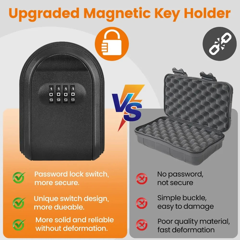 Black plastic key storage box with a 4-digit combination lock on the left and a foam-lined container on the right.