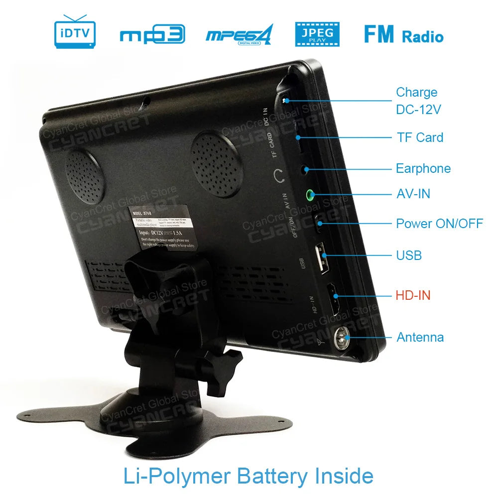 Black Leadstar 7-inch portable TV back view, showing side ports, dual speakers, and adjustable stand.