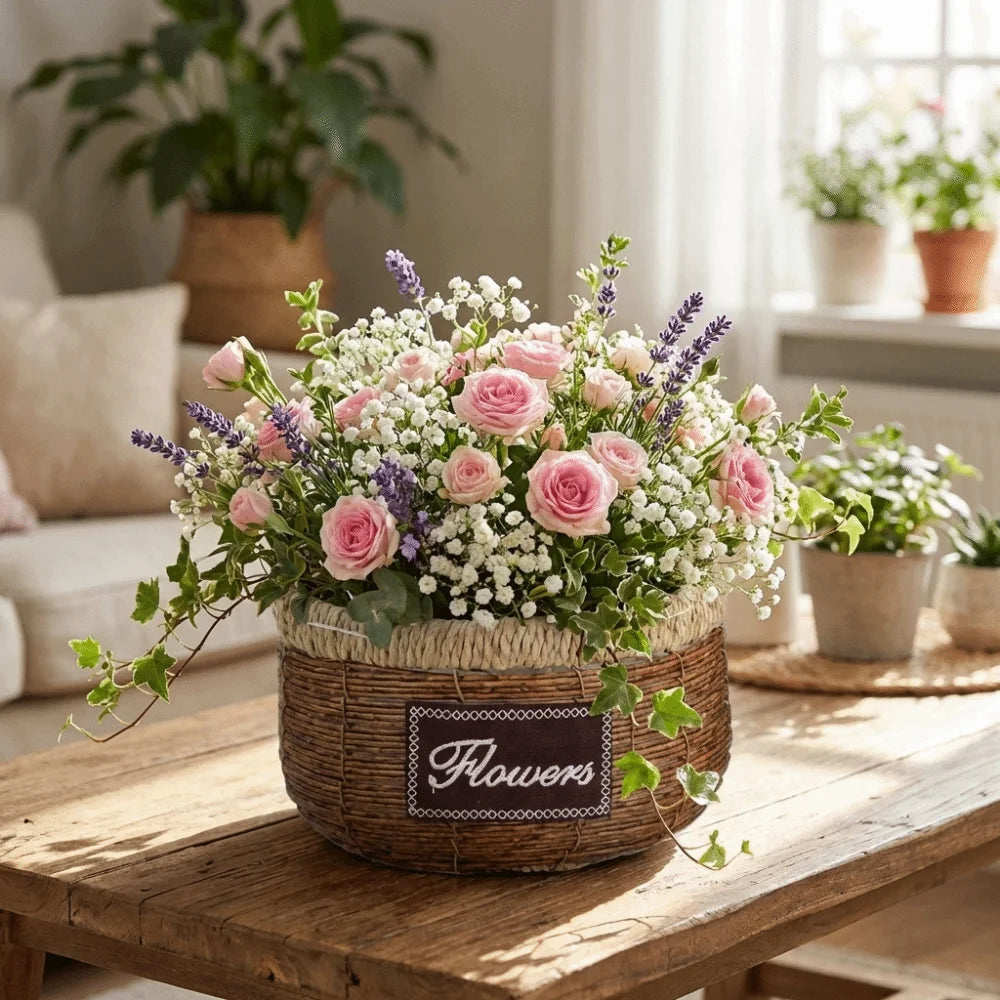Rustic brown woven basket with a "Flowers" label, filled with pink roses, lavender, and greenery on a wooden table.