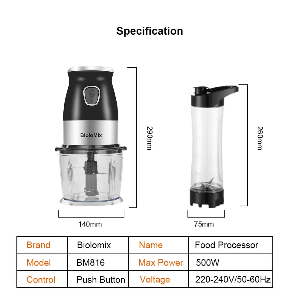 Black and silver 500W electric food processor with a transparent blending cup and clear processing bowl.