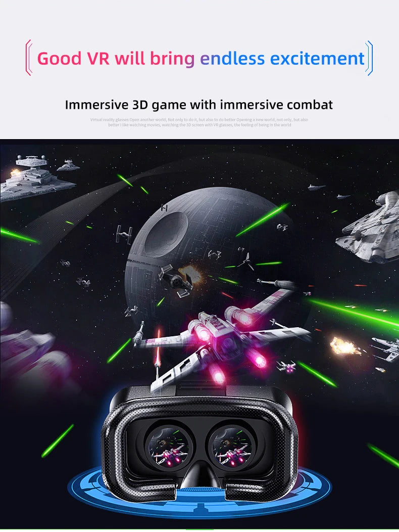Black VR headset with a textured face pad, centered over a space-themed gaming background with green lasers.