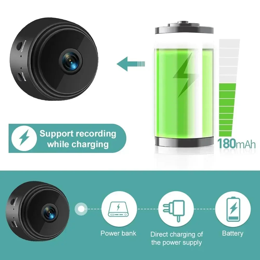 Black circular plastic security camera with a 180mAh battery that supports recording while charging.