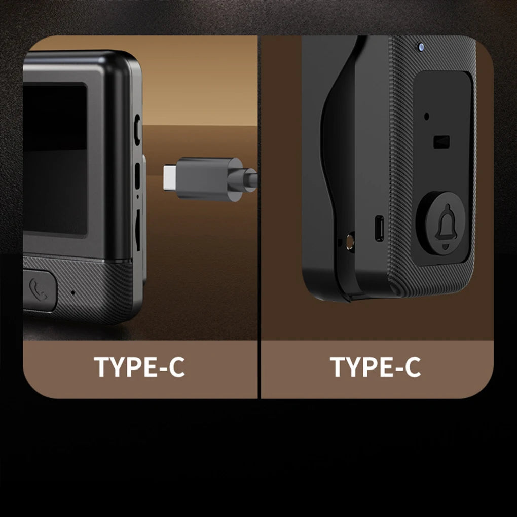 Black wireless video doorbell with a 4.3-inch screen, featuring a Type-C charging port and textured finish.